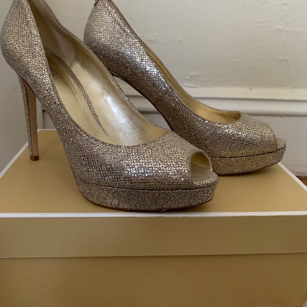Michael Kors Gold Glitter Peep-Toe Heels